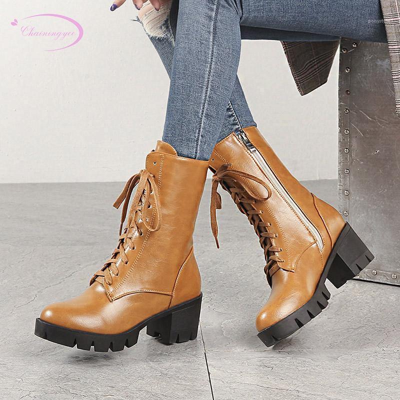

European street style round toe autumn ankle boots lace-up zipper platform high heel thick motorcycle boots women's shoes1, Black