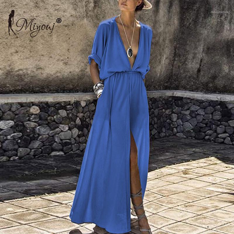 

Miyouj Sexy Deep V Neck Beach Cover Up Middle Sleeve Maxi Dress Women Bathing Suit Summer Long Beach Dress Plus Size Beachwear1