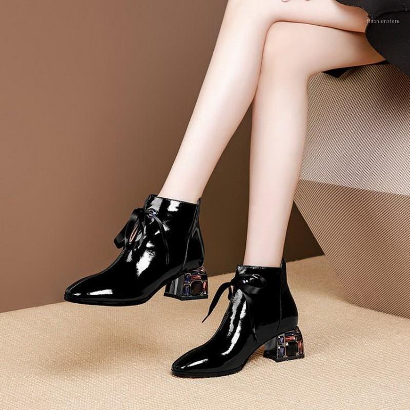 

Women Boots 2020 New Woman Short Boots Soft Patent leather Square toe Autumn/Winter Shoes Rhinestone Heel Female Footware BLACK1, Black