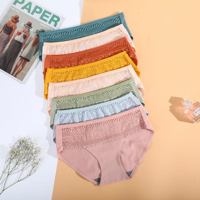 

Cotton Women's Underwear Panties Lace Waist Briefs Solid Color Breathable Underpants Seamless Soft Lingerie Girls Fashion Briefs