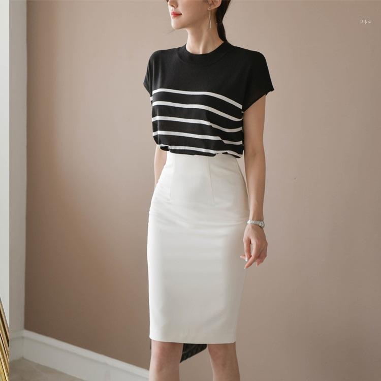 

Fashion Office Wear 2 Pieces Set Short Sleeve Knitted Blouses And Pencil Skirt Suits Female 2020 Elegant Korean Women Set1, Tops