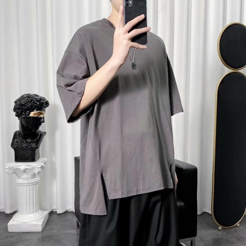 

BXyichen original simple solid color short-sleeved T-shirt Korean version wide loosened fork half sleeve trend asymmetric design, Ghfz12-white