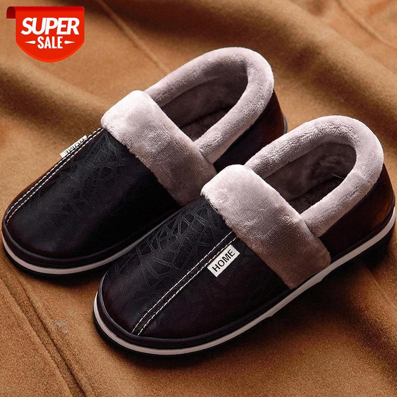 

Winter Leather Slippers for men Plus size 48 Sturdy Sole Fur slippers Home 2020 Wear-resistant Warm Boys Slipper Indoor #dq3t, Beige