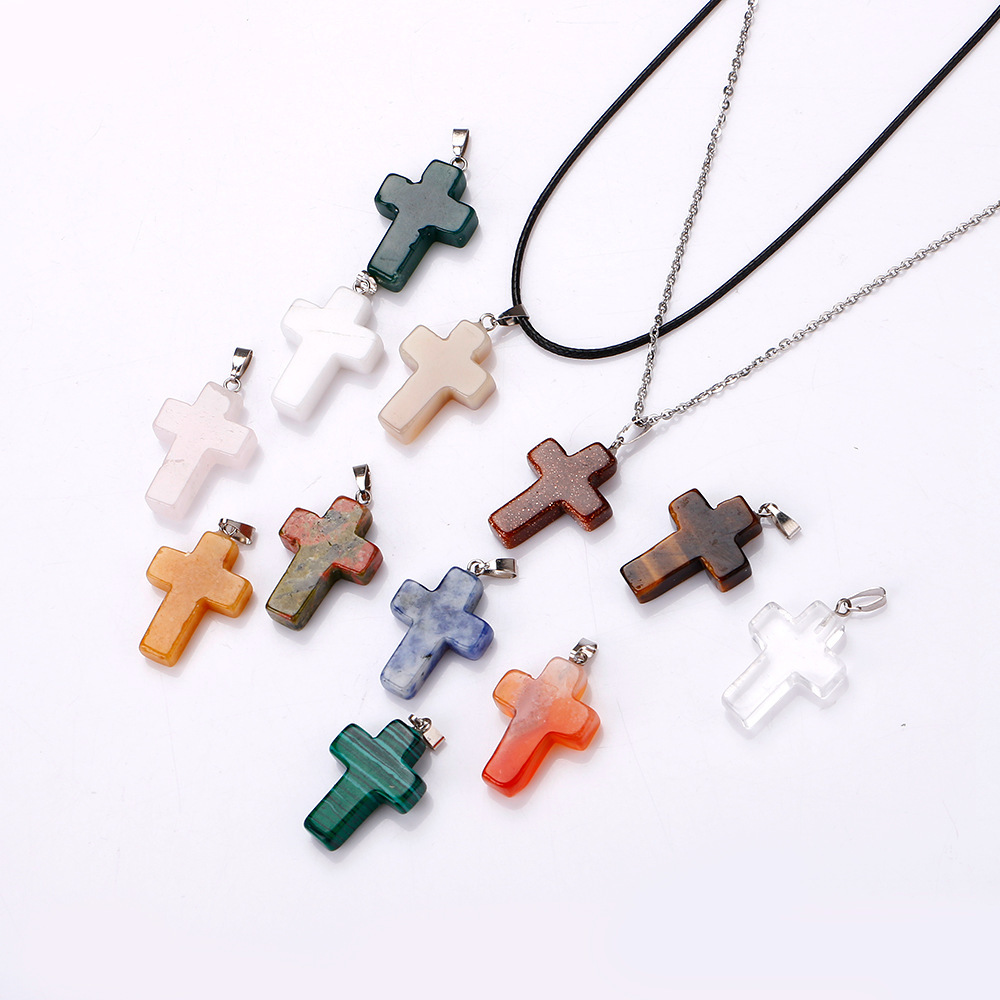 

Natural Crystal Rose Quartz Stone Pendant Cross Shape Necklace Chakra Healing Jewelry for Women Men