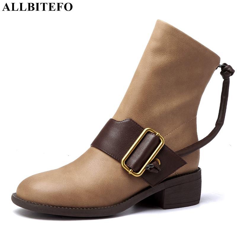 

ALLBITEFO size 34-42 round toe natural genuine leather women boots autumn winter thick heel fashion ankle boots motocycle, Plush inside