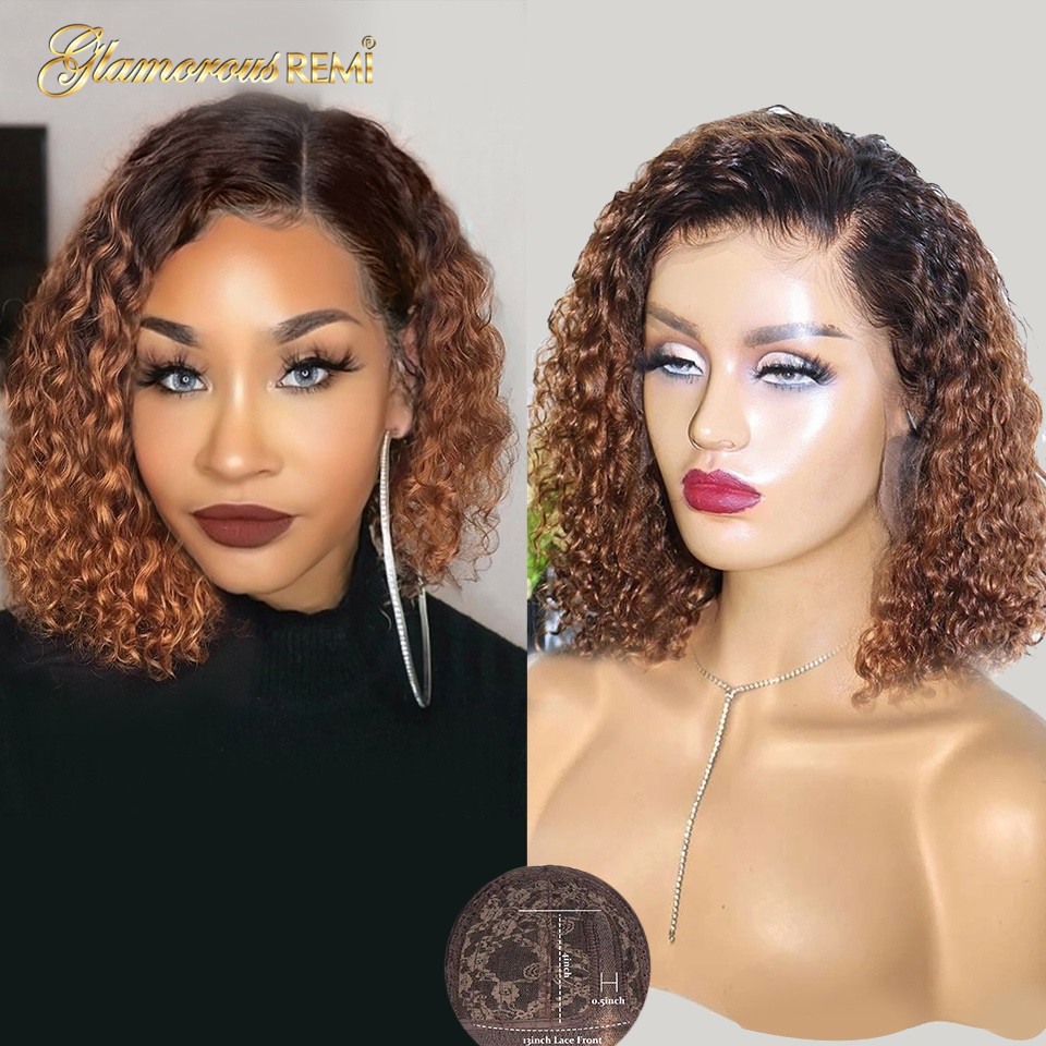 

1B/27 Ombre Color Short Bob Wigs Curly Part Lace Human Hair Wigs Baby Hair Pre Plucked Density 150 Remy Brazilian Lace Part Wigs, As picture