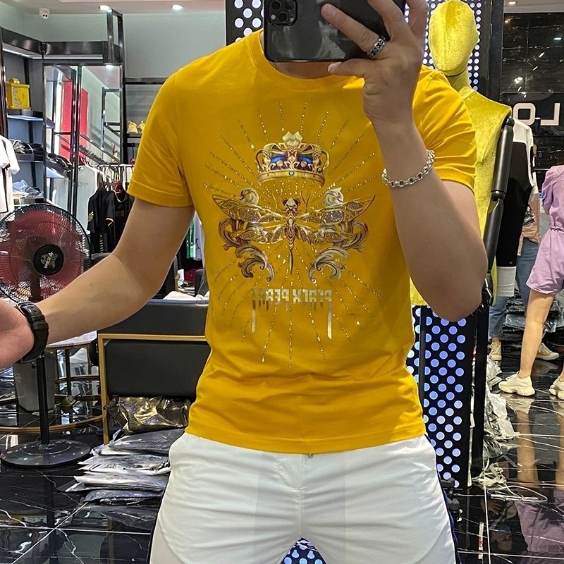 

Men's T-shirt Dragonfly Printing Personality Hot Diamond Trend Fashionin Mercerized Cotton Male Tees Handsome 2022 Summer New Man Short Sleeve Top Clothes M-5XL, Yellow
