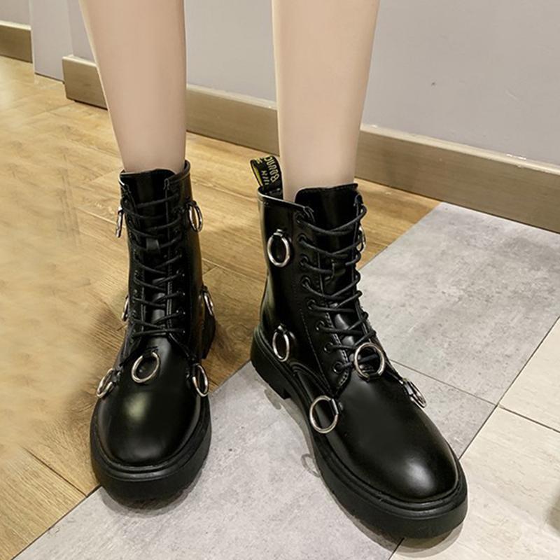 

Rimocy Fashion Black Patent Leather Motorcycle Boots Women Metal Circle Ankle Boots Woman Thick Bottom Non-Slip Botas Female, Shiny black
