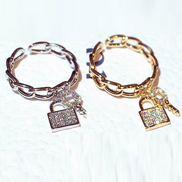 

Lovely cute key lock charms rings fashion luxury designer diamond zirconia band ring for women girls open adjustable gold silver color