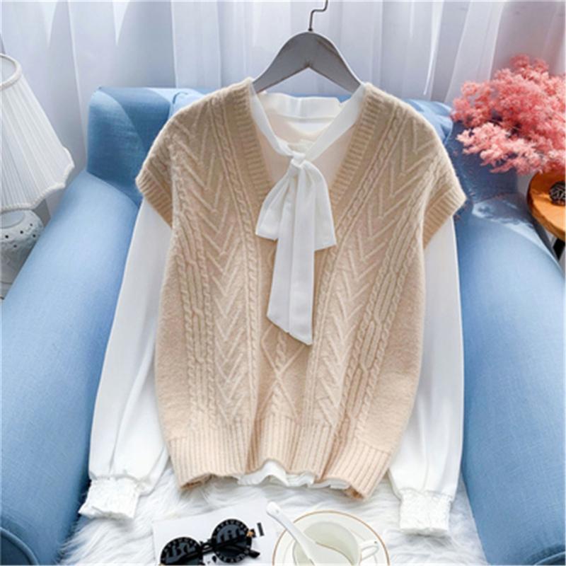 

Solid Color Knitted Sweater Vest Women Casual V Neck Sleeveless Pullover Loose Vest Tops 2021 Autumn Elegant Twist Waistcoat, Green