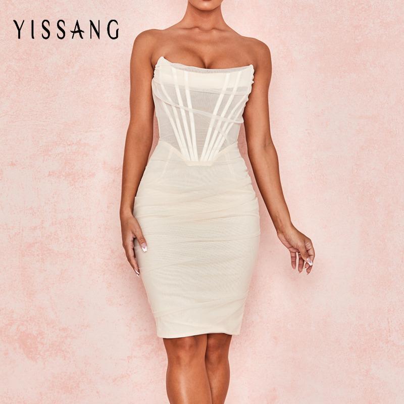 

Casual Dresses Yissang White Strapless Sexy Bandage Mesh Midi Dress Women Off Shoulder Lined Club Party Summer Elegant Bodycon Sundress, Pink