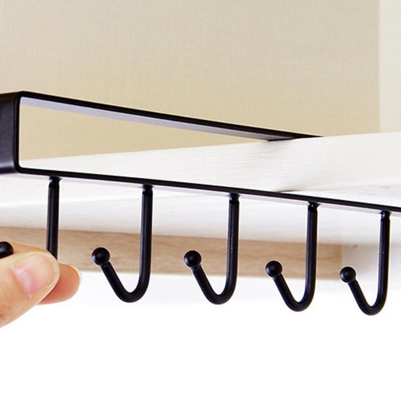 

Black/White Iron 6 Hooks Cup Holder Hanging Kitchen Bathroom Cabinet Door Shelf Removed Storage Rack Hanger Organizer Decor