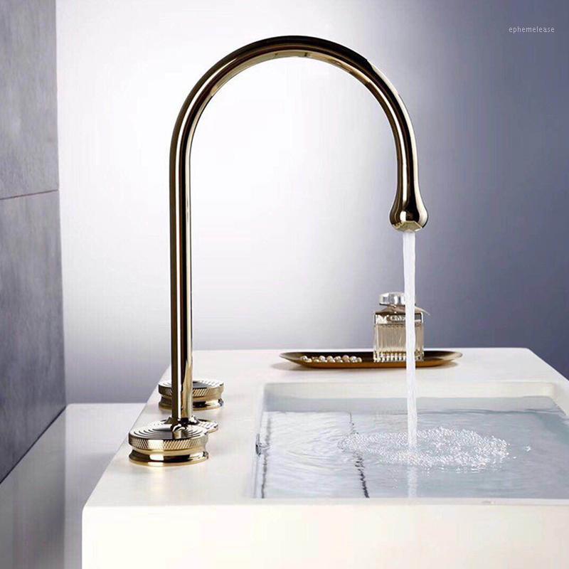

Basin Faucets Bathroom Sink Faucet Gold Paint Brass 3 Holes Double Handle Luxury Bathbasin Bathtub Tap Hot and Cold Water Mixer1