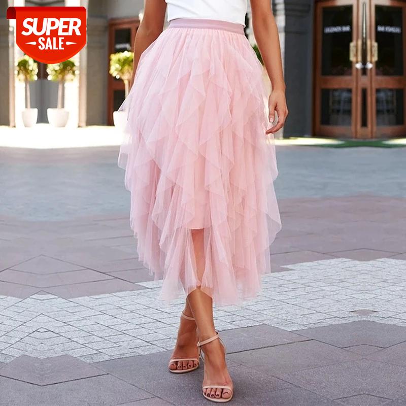 

2020 New Sweet Ball Gown Skirts Women Solid Casual High Wasit Mid Calf Skirts #zo76, White;black