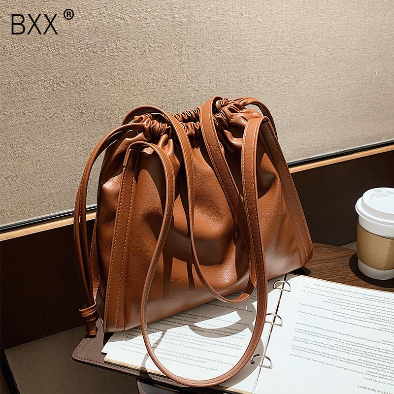 

[BXX] Vintage PU Leather bucket Bags for Women 2021 Fashion Chain Crossbody Shoulder Bag Lady Handbags and Purses HQ569, Black