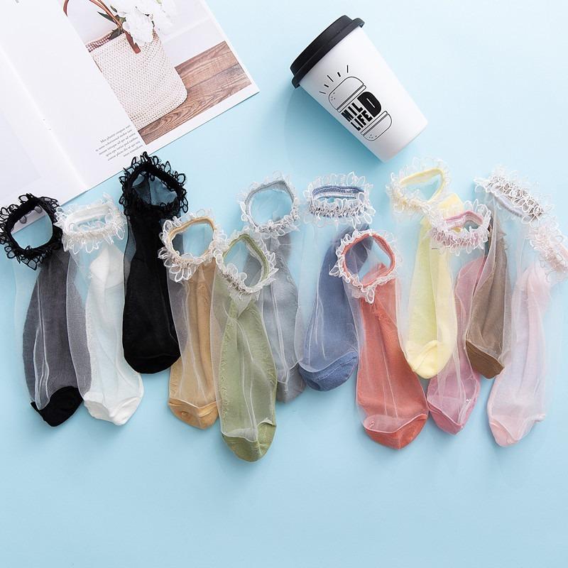 

Japanese Harajuku Style Cute Lace Woman Socks Cotton for Spring Summer Thin Style Glass Crystal Silk Pink Socks Women 31706, 07