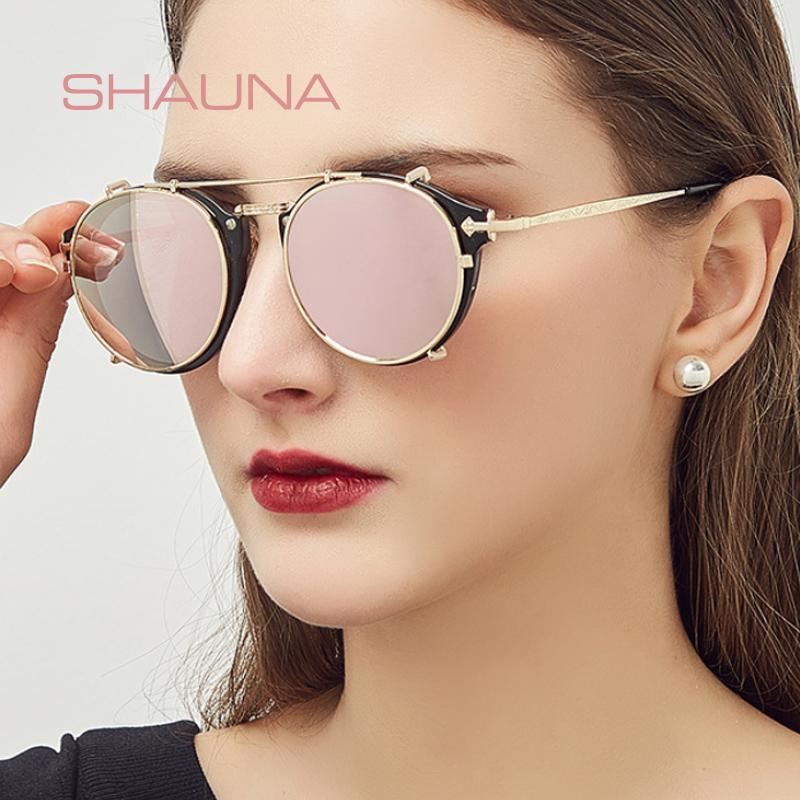 

SHAUNA Vintage Women Round Steampunk Sunglasses Men Flip Separable Lens Mirror lens/Clear lens Retro Glasses