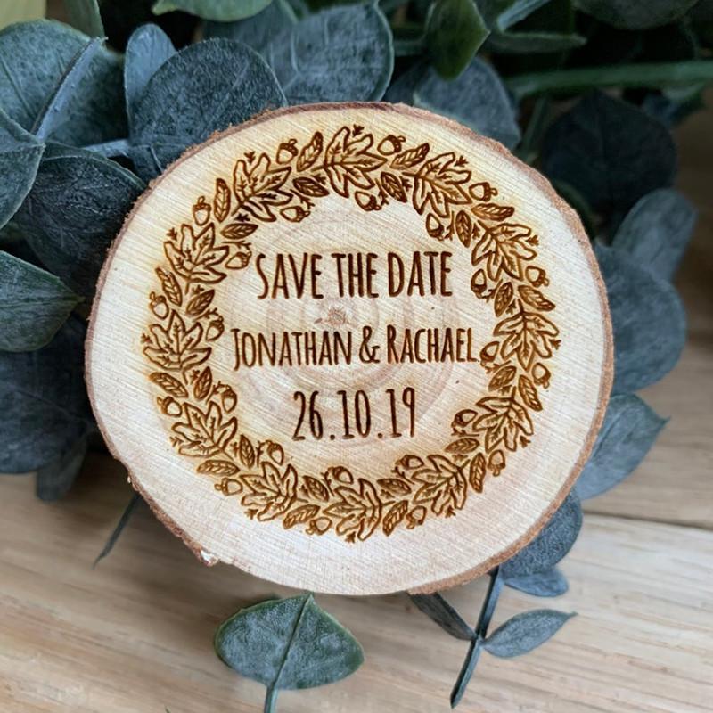 

wooden slice save the date Magnet, rustic wedding Magnets, leaf floral save the dates, garden wedding favors, engraved invites
