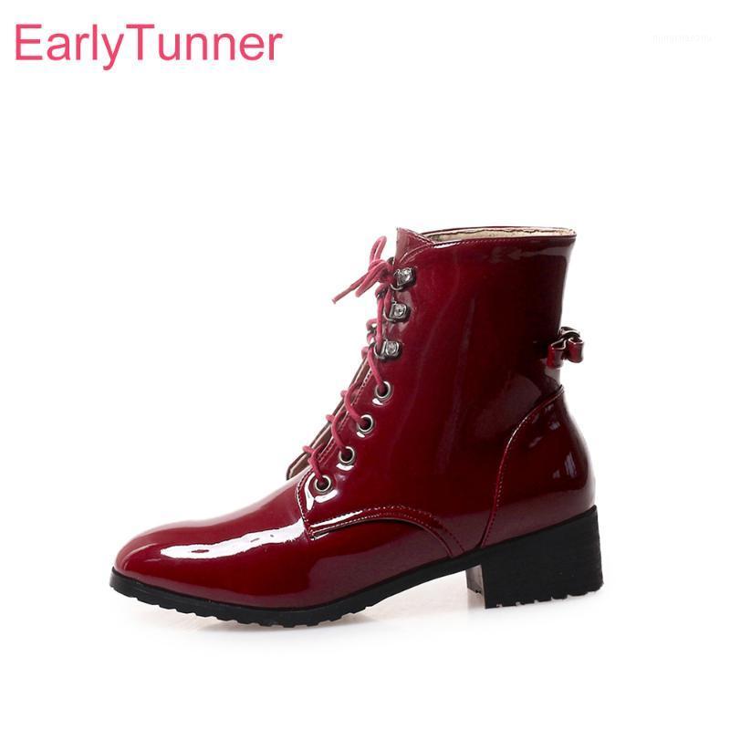 

Brand New Glossy Black Wine Red Women Combat Boots Sexy Lady Riding Shoes Chunky Heels ES024 Plus Big Small Size 10 32 431