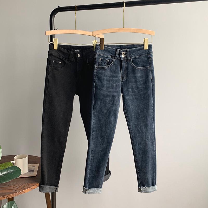 

2020 Autumn winter black and blue retro washed stretch tight pencil pants, thin velvet high waist straight pants, rolled edge ni