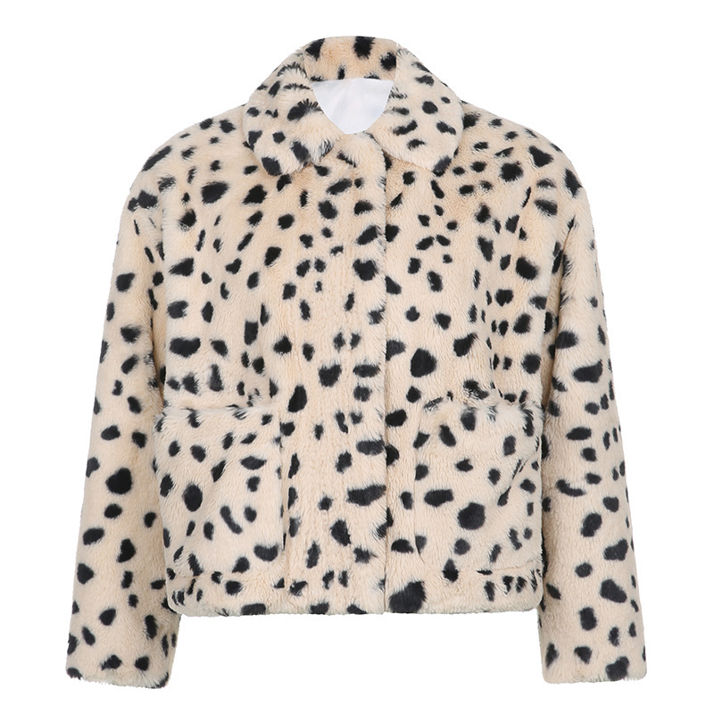 

Leopard print hairy female casual only pocket breasted long sleeve thick winter coat streetwear 85A0