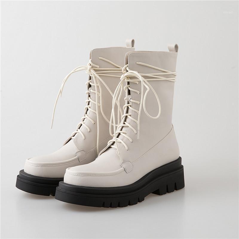 

2020 New Fashion Female Leather Thick Ankle Boots Solid Color Flat platform women Botines Mujer Botas Feminina scarpe casual1, Black