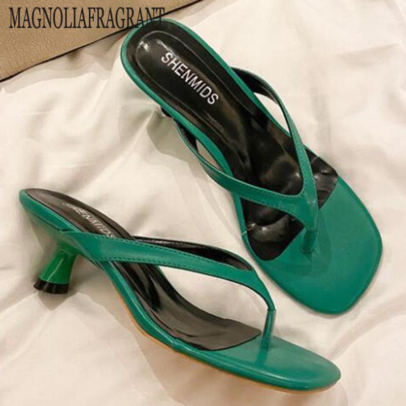 

2020 New Women Fashion Slippers High Heels Sandals Slides Square Toe Slip On Square Toe Mules Shoes Woman Summer Slides hy5641, Black