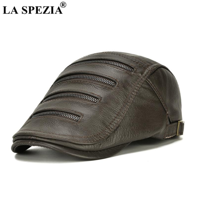 

LA SPEZIA Mens Beret Genuine Leather Hats for Men Coffee Autumn Winter Zipper Decoration Casual Adjustable Brand Male Men Cap, Black