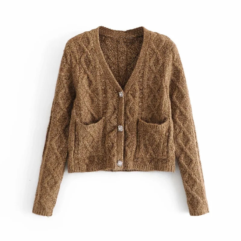 

2021 New Brown Argyle Cropped Knitted Women Long Sleeve Winter Sweater Woman v Neck Pockets Vintage Cardigan Top Xyde