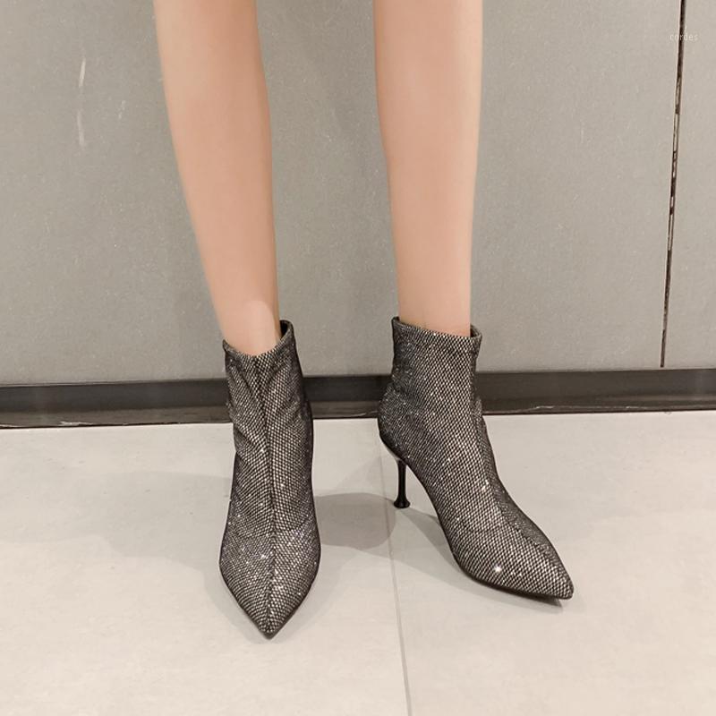 

2020 Stiletto High Heels Pointed Toe Boots Women Sexy Sequin Ankle Boots Women Ladies High Heel Short Booties Silver Black1