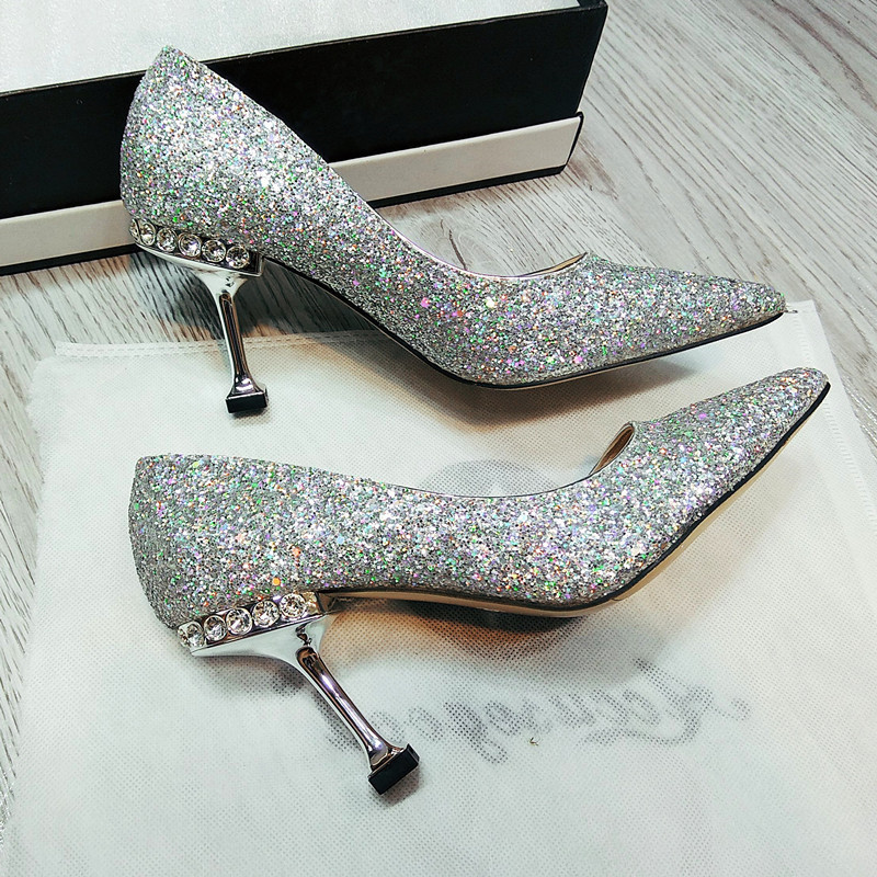 

Women's Fashions Fret Silver Glitter Bombs Dot High Heels Wedding Shoes Rcqh, 40