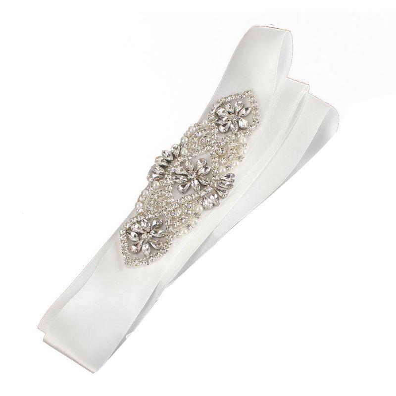 

Belts Bridal Rhinestone Satin Beaded Jeweled Pearl Wedding Dress Cloth Sash Belt, White