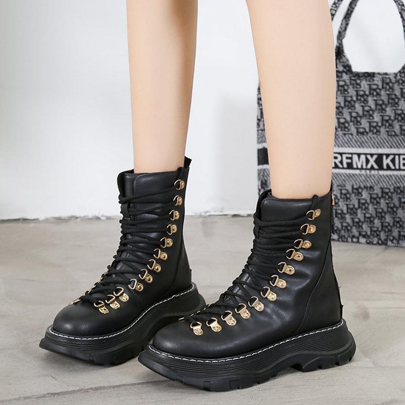 

Rimocy Punk Style PU Leather Motorcycle Boots Women Autumn Winter Platform Ankle Boots Female Thick Sole Zip Lace Up Botas Mujer, White