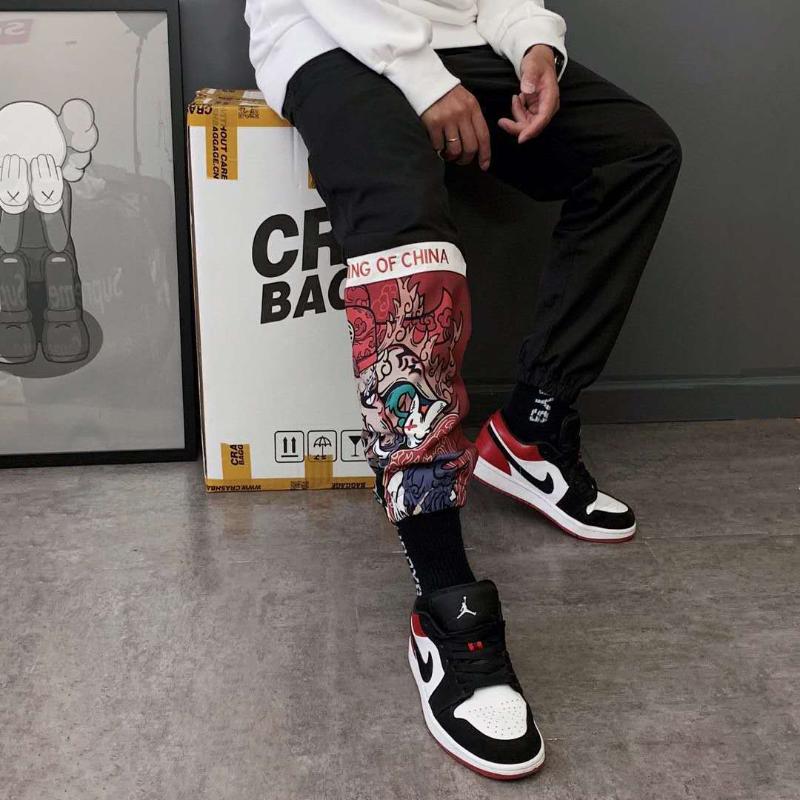 

Chinese Style Cartoon Print Hip Hop Casual Joggers Streetwear Tactical Cargo Pants Men Track Sport Work Vintage Trousers Bottoms, Black pants