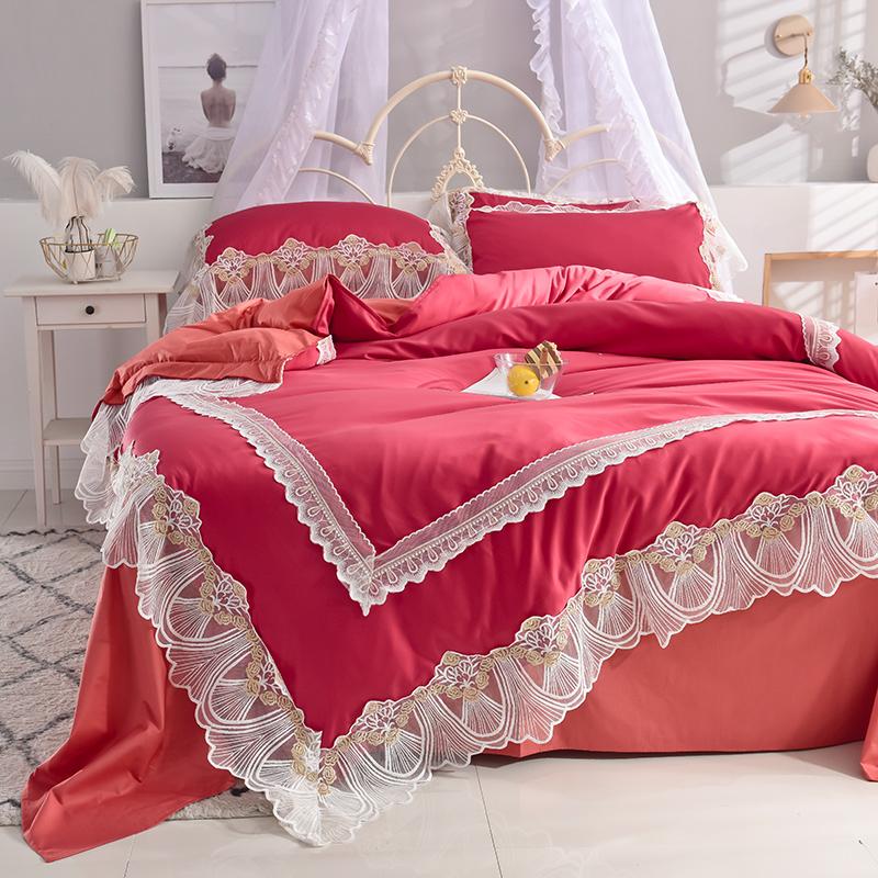 

Green Pink White Blue Purple Washed Silk Cotton Luxury Princess Lace Wedding Duvet Bed Pillowcases Cover Sheet/Linen Bedding Set