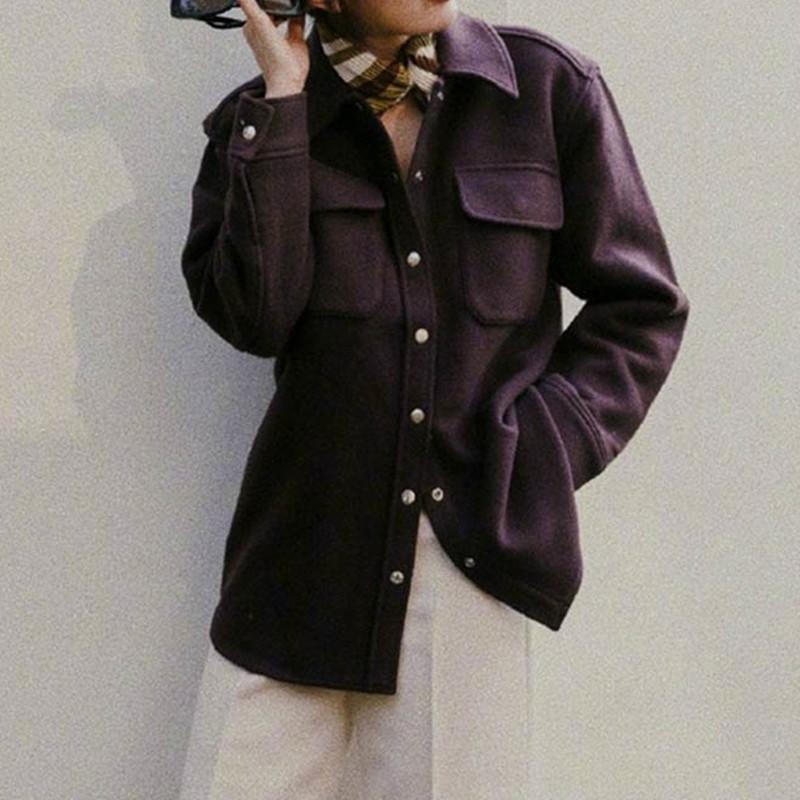 

Women Single Breated Coat Turn-down Collar Loose Autumn Winter Jacket with Double Pockets, As pic