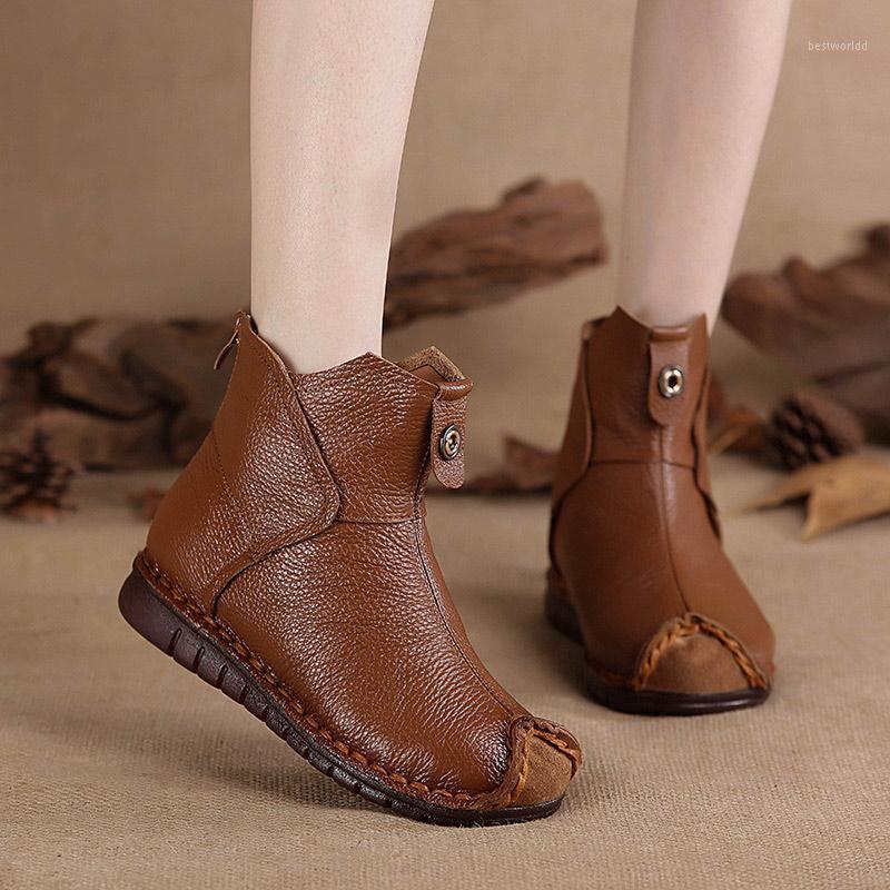 

Women Genuine Leather Ankle Boots Flats Pleated Ladies Zip Plush Warm Winter Shoes Female Fashion Soft Sewing Retro Short Boots1, Brown