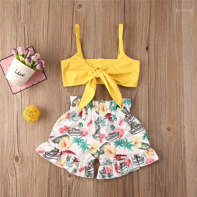 

Toddler Girls Summer Sweet Outfit Set Spaghetti Straps Tie Up Tube Top + Flower Short Pant 2 Piece Suits1, Yellow