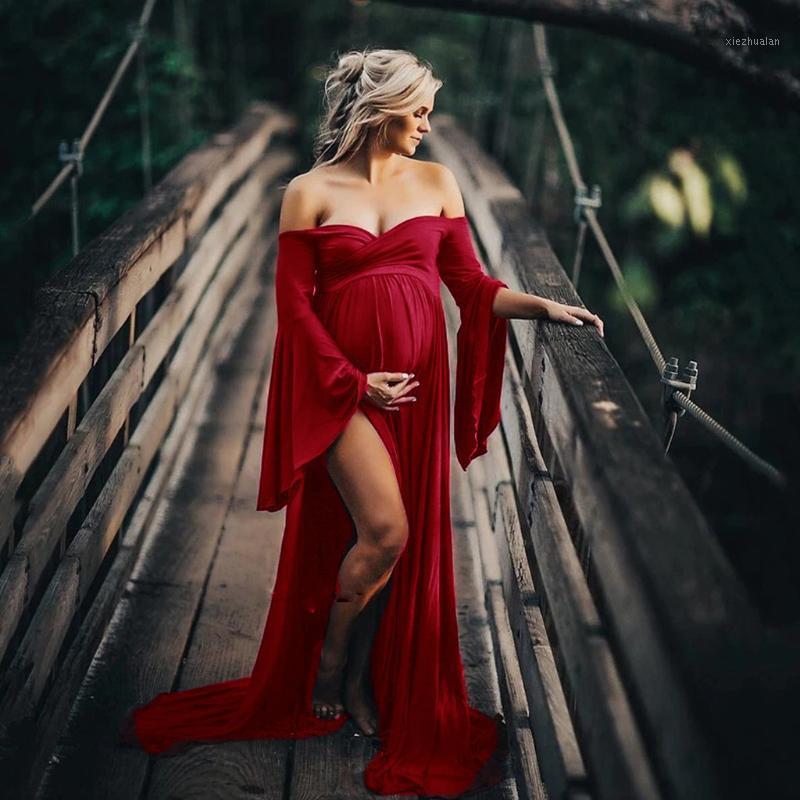 

New Elegant Maternity Off Shoulder Dresses Pregnancy Clothes Maternity Soft Dress Pregnant Women Photo Shoot Photography Props1, Wine