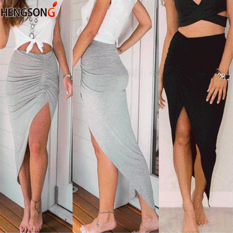 

2020 New Sexy Irregular Skirts Women Summer Charm Split Long Skirt Slim Party Bodycon Skirt Gray Black