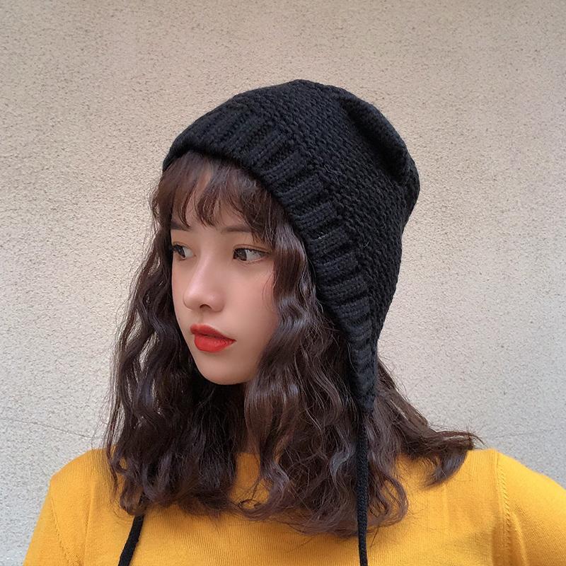 

Japanese ear knitted wool hat cute ear bandage cap wool hat women bucket girls winter hats cute hats for women Solid, Black