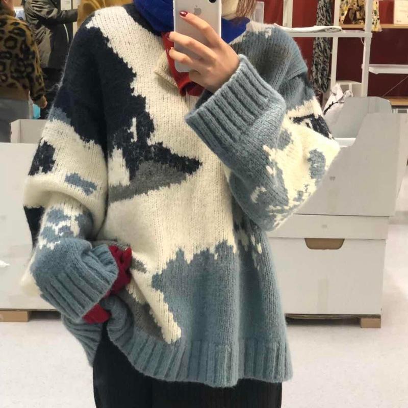 

Contrast Color Print Sweater Women Pullover 2020 Autumn Winter Korean Thick Long Sleeve Knit Jumper O-Neck Warm Sweaters, Blue