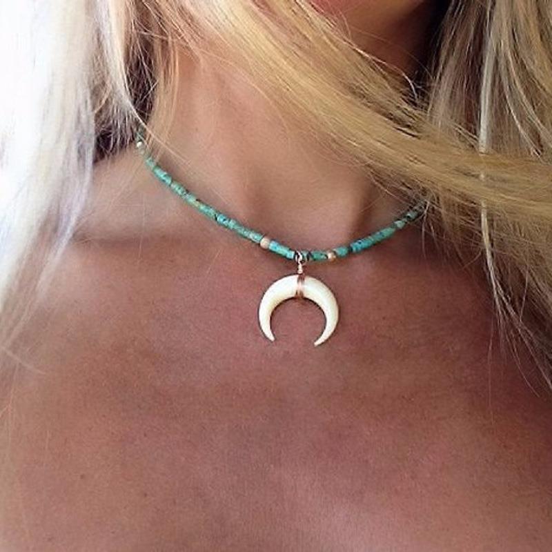 

Boho Blue Rice Beads Inverted Crescent Choker Pendant Necklace Gold Silky Horn Necklace Jewelry for Women