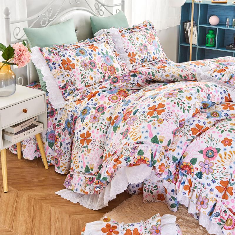 

Colorful flower ruffle lace bedding sets, full queen king cotton single double bedclothes bedspreads pillow case duvet cover, Picture color
