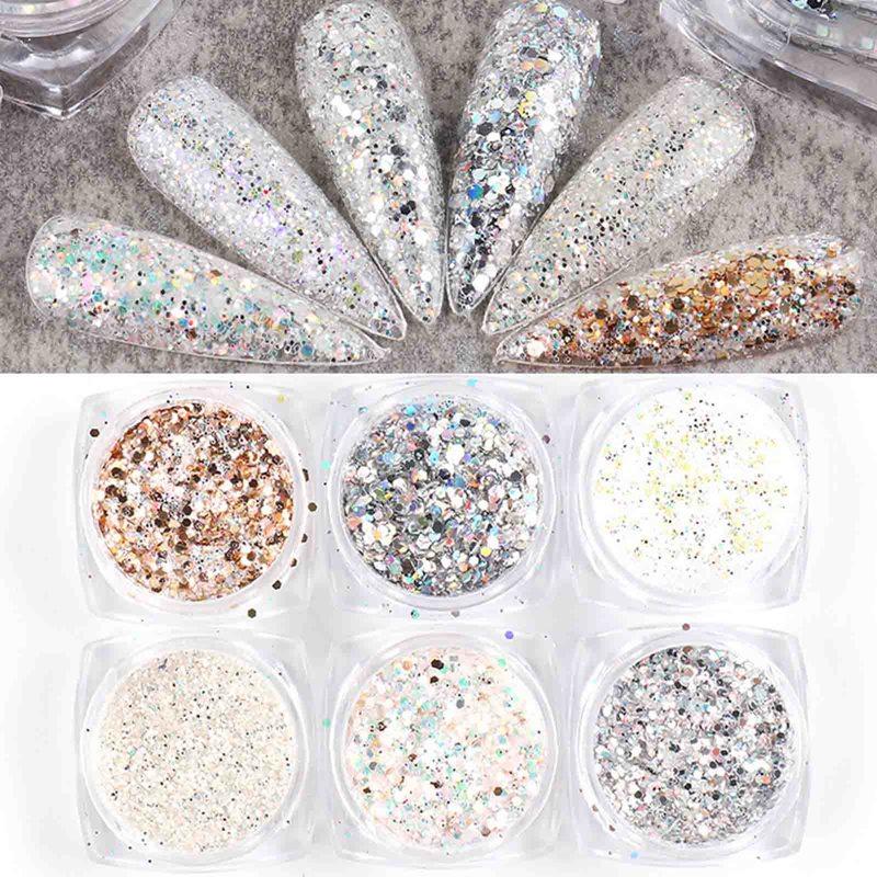 

3D 6pcs/setDazzling Nail Glitter Sequins Shining Sandy Powder Set Holographic Ultra Thin Flake Paillette Mirror Manicure Dust