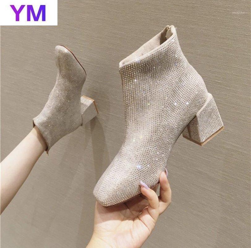 

2020 New Winter Women Shoes Woman Boots Sexy Square High Heels Crystal Ankle Boots Woman Shoes Booties Women Drop Shipping1, Beige