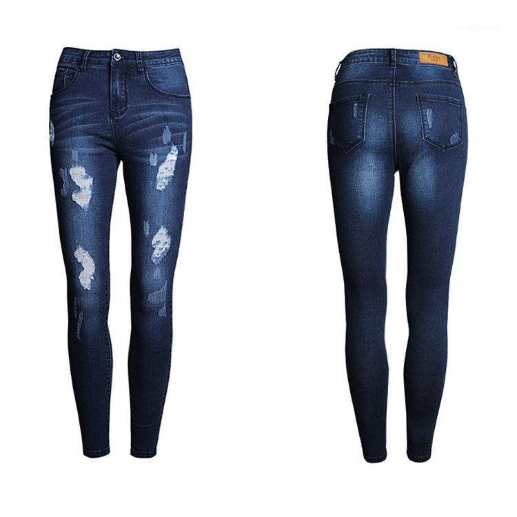 

Elastic High Waist Pencil Skinny Boyfriend Ripped Jeans For Women Slim Denim Pants Plus Size 2XL1, Blue