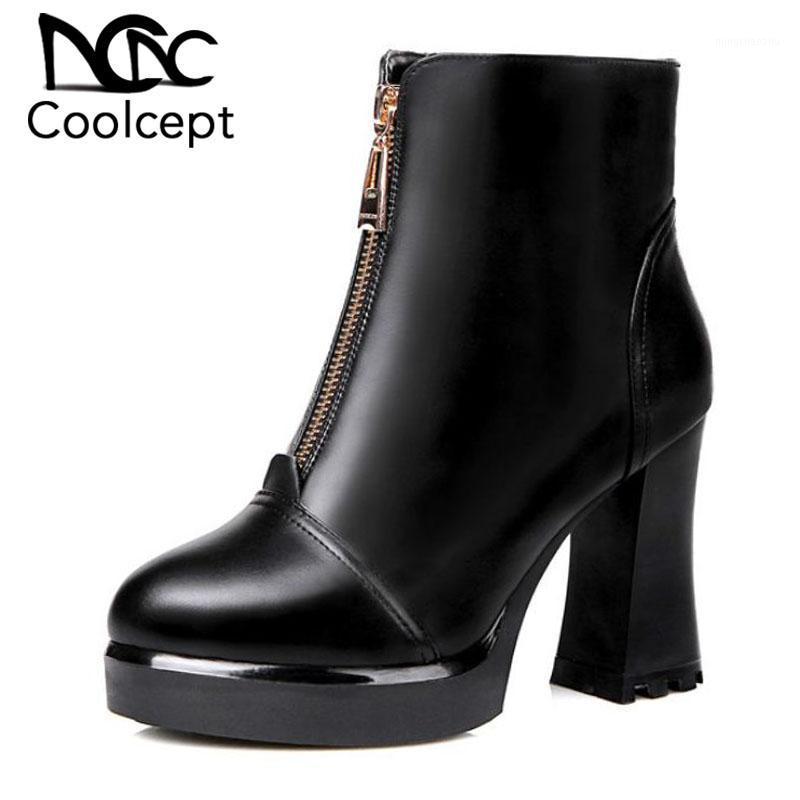 

CoolCept Plus Size 31-45 Sexy Women Real Genuine Leather High Heel Boots Zipper Platform Warm Fur Shoes Thick Heel Ankle Boots1, Black