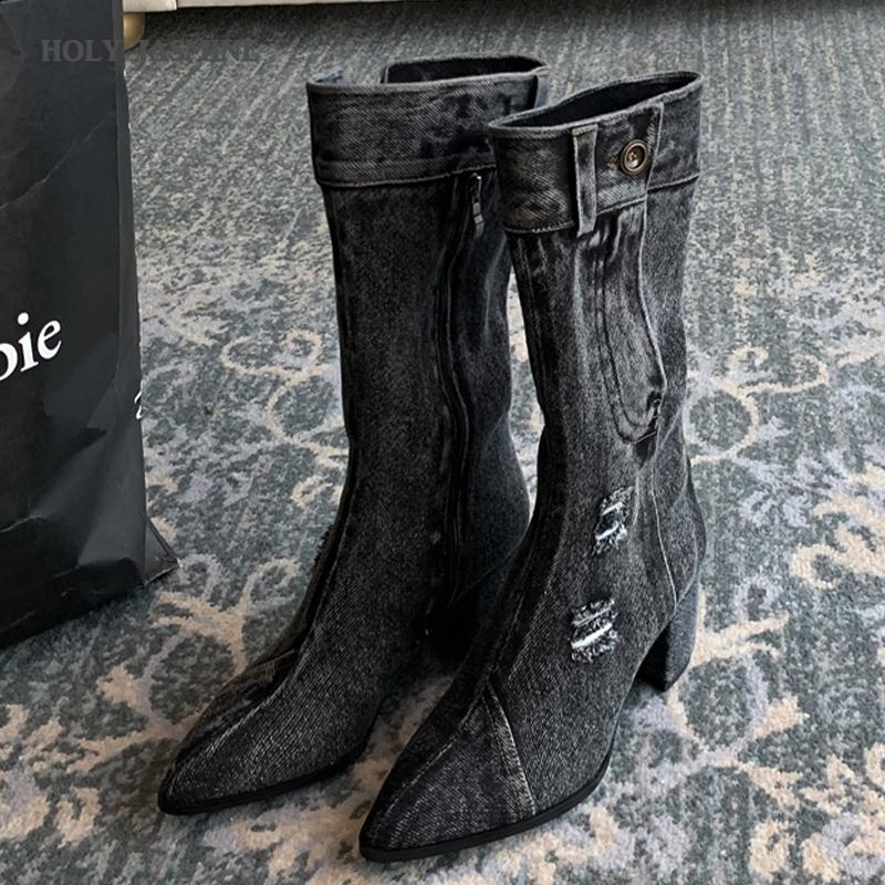 

Spring/Autumn Denim Women Boots Button Pointed Toe Square Heel Ankle Boots for Women Zip Basic Shoes High (5cm-8cm) Microfiber, Black