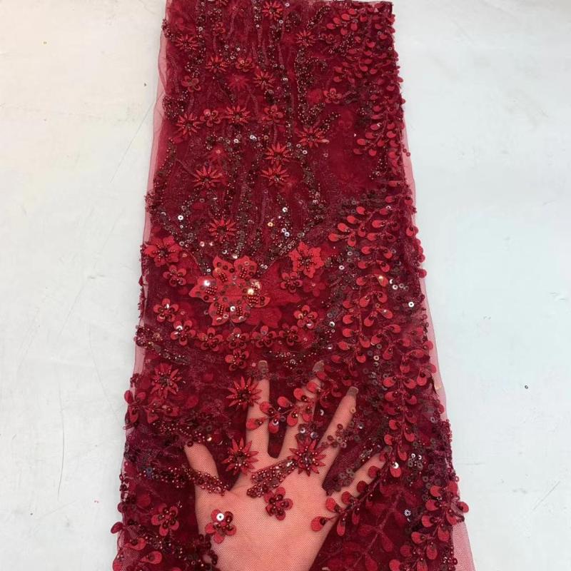 

Latest French Nigerian Laces Fabrics High Quality handmade heavy beaded Tulle African Laces Fabric for Wedding TS9111